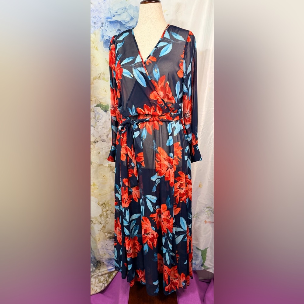 Navy Floral Women's Swim Coverup/dress faux wrap Tie belt Gold-accents boho chic